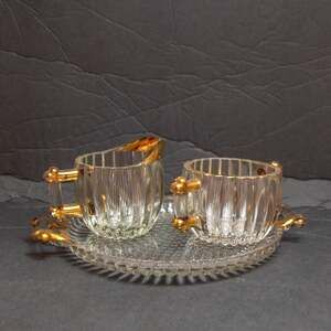 Antique Mid-Century 40's JEANNETTE Glass Creamer Sugar Tray Set National Pattern